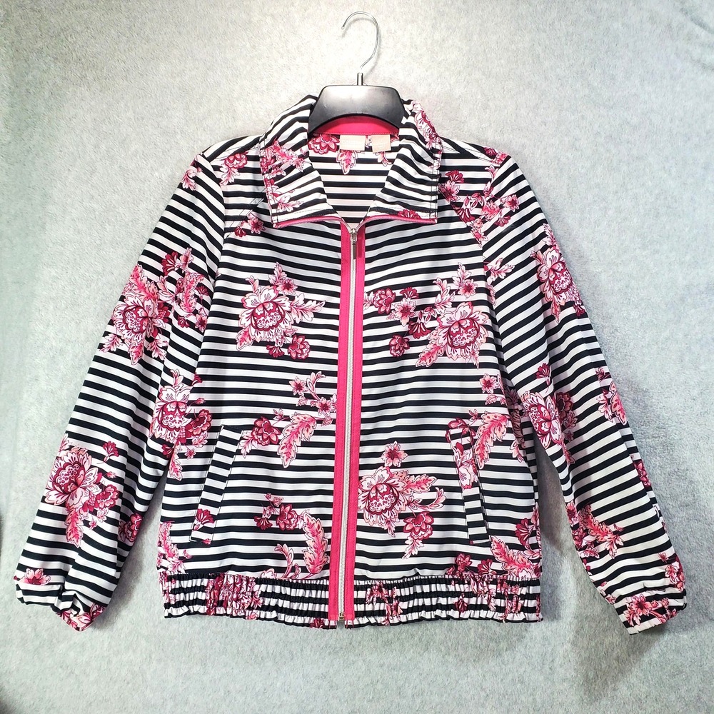 Chicos‎ Zenergy Jacket Womens Medium Pink Black Stripe Floral Full Zip Stretch
